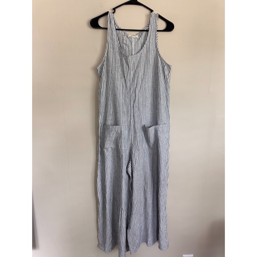 Max Studio London Jumpsuit Womens MEDIUM Blue White Stripe Sleeveless Scoop Neck